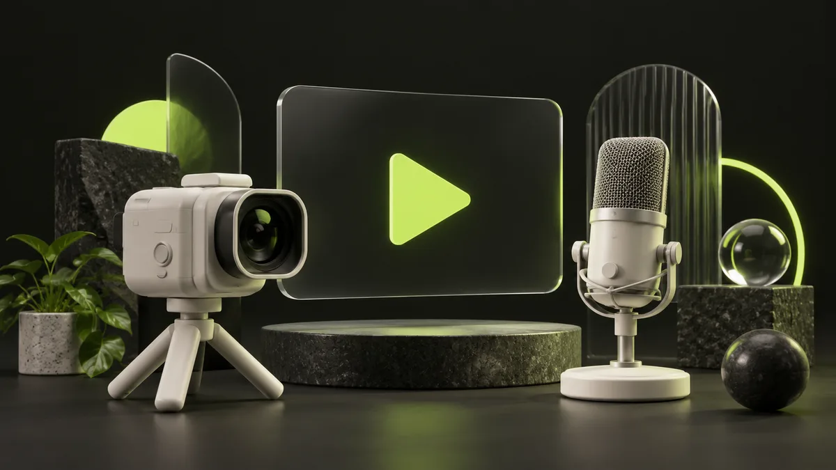 Caméra, microphone et symbole de lecture illustrant la création de vidéos
