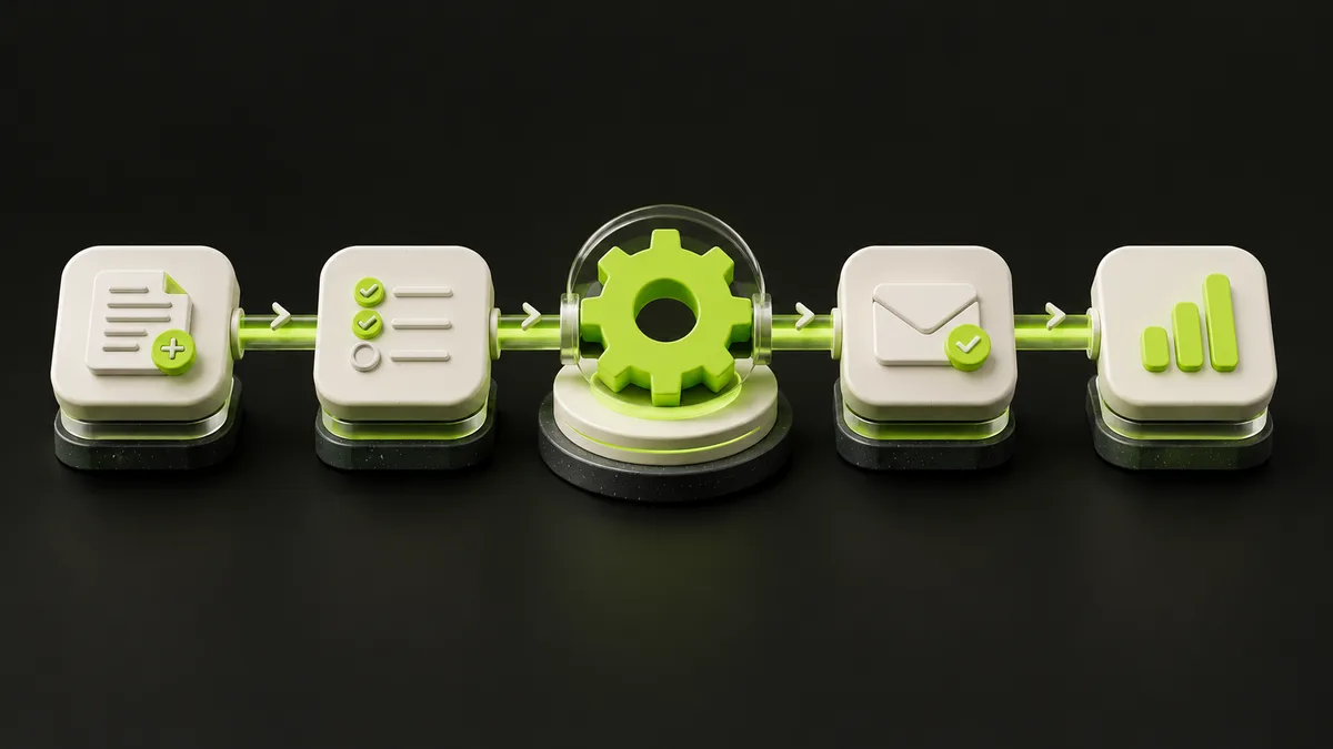 Modules reliés par un engrenage illustrant un processus automatisé